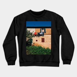 Laundry Drying on Washing Line Against Old Brick Building in Tuscany Italy Crewneck Sweatshirt